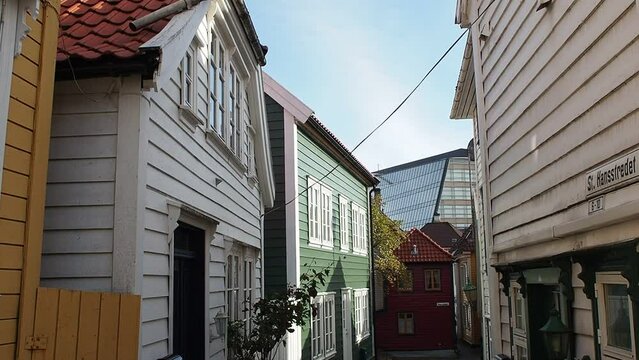 old colorful houses in the old town of Bergen, Norway, Nordnes street