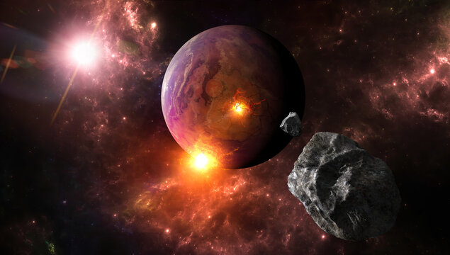 Planets from other galaxies, asteroids and meteorites impacting a planet, explosions. Other worlds and exoplanets. 3d rendering