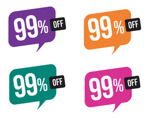 99 percent discount. purple, orange, green and pink balloons for promotions and offers. Vector Illustration on white background.