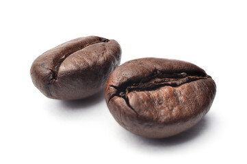 close up of two dark coffee beans isolated