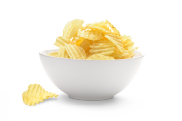 Potato chips in the faience white bowl isolated