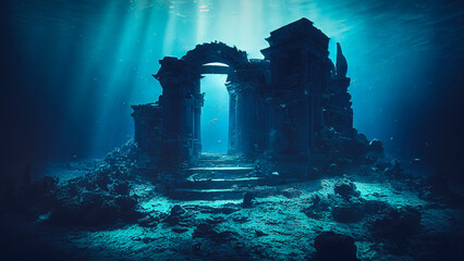 Lost kingdom of Atlantis concept, underwater ruins. 