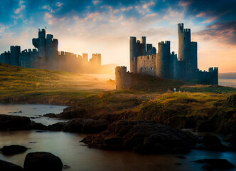 Fantasy digital illustration of Camelot, castle city landscape at sunset. - obrazy, fototapety, plakaty
