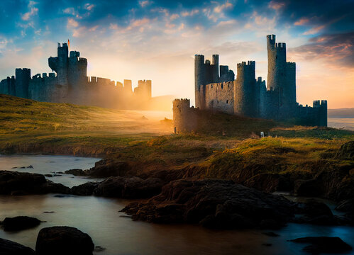 Fantasy digital illustration of Camelot, castle city landscape at sunset.