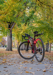 Fototapeta na wymiar Touring bike in an alley of old American elm trees in fall colors scenery - historical Oval of Colorado State University campus, landmark of Fort Collins, recreation and commuting concept