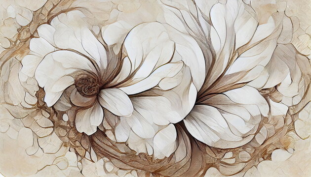 Luxurious floral pattern as an abstract illustration. Digital art with organic texture, white background. 3D digital rendering.