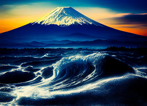 Japanese Inspired Ocean And Mountain, Mount Fuji Concept, Digital Art