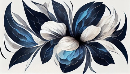 Elegant floral pattern with blue colors as an abstract illustration. Digital art with organic texture, white background. 3D digital rendering.