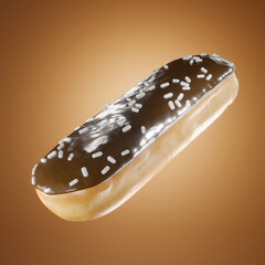 eclair covered with chocolate and sugars on a colored background, advertising image