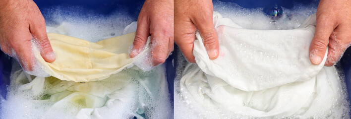 Image comparison before and after washing dirty white clothes. Man doing hand laundry to remove...