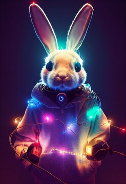 Techno-styled Xmas greeting postcard with cyberpunk Rabbitt holding glowing wires. Neon winter holiday congratulation futuristic card with a year symbol. Happy New Year and Merry Christmas 2023