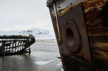 Close up surface of old wooden boat, of old shipyard side.