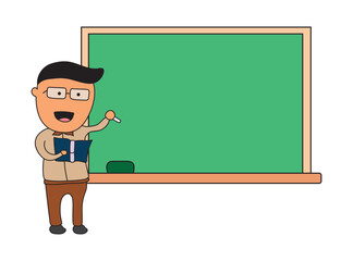 Vector Illustration Teacher with books and chalkboard, Vector flat design illustration isolated on white background.