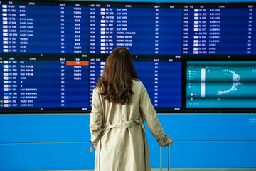 Passengers dragging their luggage to the airport must transfer their flights and check the flight schedule on the plane's entrance notice board at the airport.