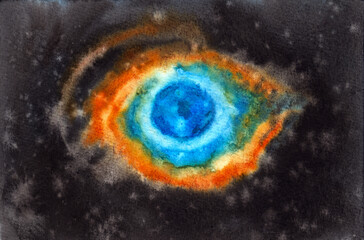Helix nebula on dark starry sky. Watercolor illustration. © Katya Zlobina