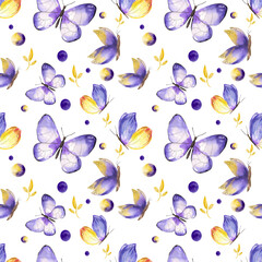 Seamless watercolor pattern with butterflies with yellow and purple wings. Summer seamless design with insects and watercolor elements. Ideas for backgrounds, textures, prints and more