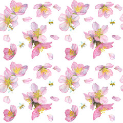 Seamless floral pattern is a composition of cherry blossoms, apple trees, almonds. Watercolor illustration.