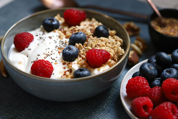 Breakfast bowl. Fresh homemade yogurt with seeds, nuts and berries. Keto diet.