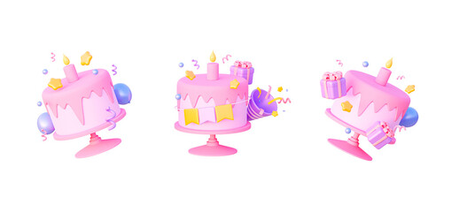 Collection Cute birthday cake with gifts, flag, party popper on pink isolated background. 3d rendering illustration