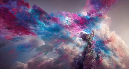 Illustration Abstract Dancer Surrounded By Colourful Smoke Clouds - obrazy, fototapety, plakaty