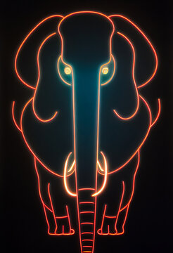 An elephant is pictured with neon and fluorescent colors, standing next to a black background. It has a long trunk and tusk, which catches the viewers' attention.