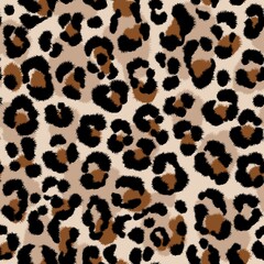 Watercolor leopard seamless pattern. Blurred animal stains. Cheetah, jaguar skin texture. Abstract black and beige spots