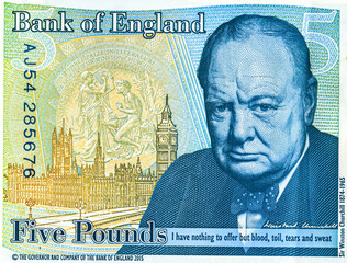 Detail of British five pounds banknote. Portrait of Sir Winston Churchill, Prime Minister of the United Kingdom