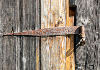 Rusty forged metal door hinge screwed to a wooden door