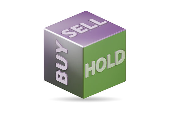 Dice with three options of buy sell and hold - 3d rendering