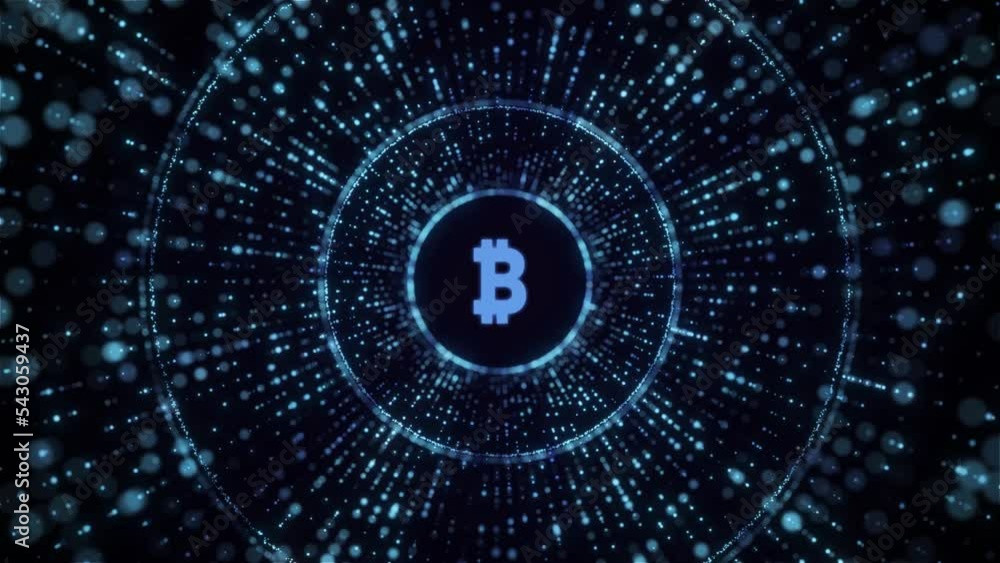 Aufkleber concept of bitcoin crypto currency shown on digital neon tech background to represent blockchain, fu