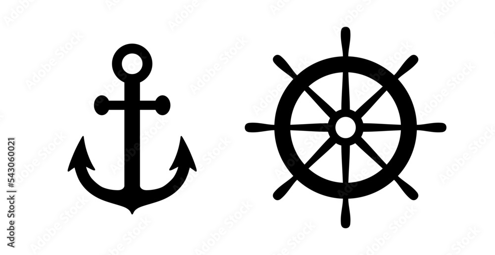 Wall mural anchor and helm ship icon. black silhouette wheel and anchor isolated on white background. simple ou