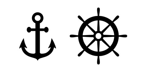 Fototapeta Anchor and helm ship icon. Black silhouette wheel and anchor isolated on white background. Simple outline for design travel print. Sailing graphic elements. Sea symbol steering. Vector illustration obraz