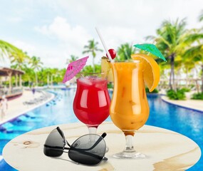 Tasty cocktail drinks on the desk with outdoor background