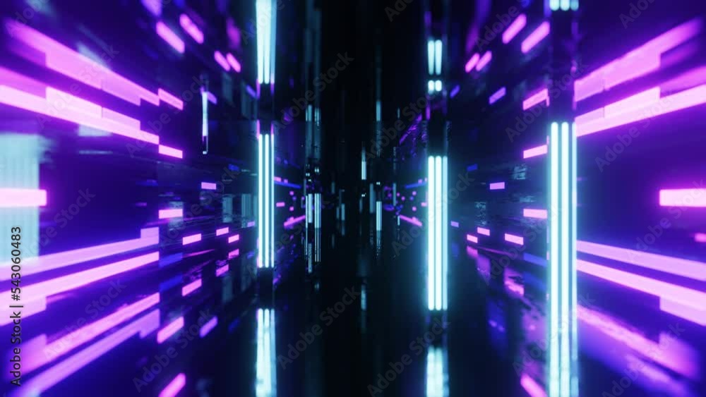 Poster fly through mirror designs form tunnel technology cyberspace with neon glow. sci-fi flight through d