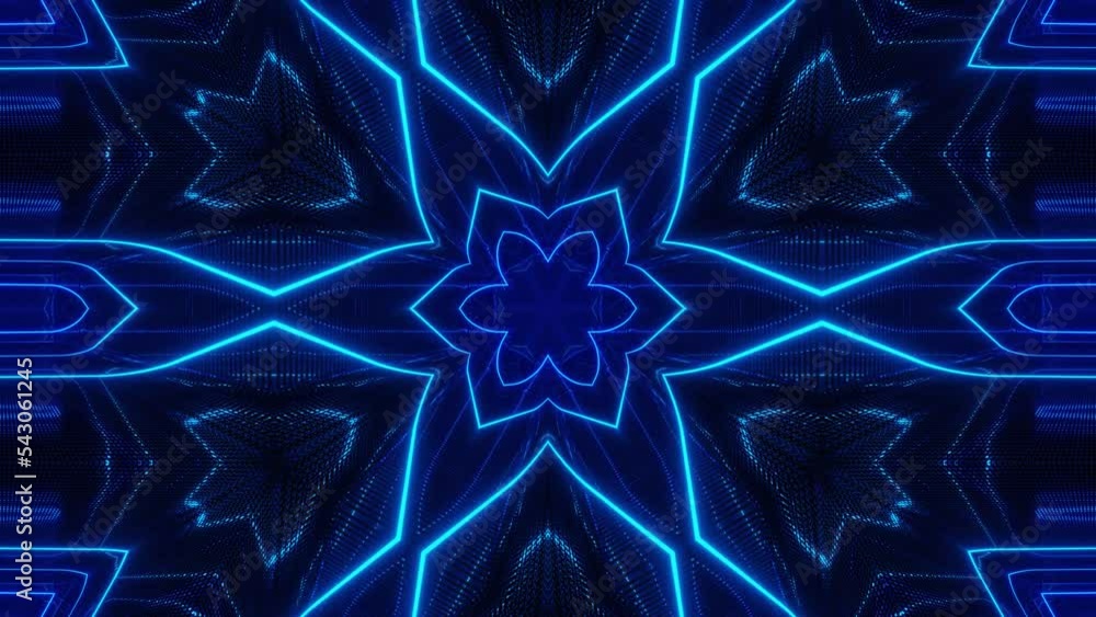 Poster symmetrical pattern. 4k neon kaleidoscope seamless looped background with glow neon lines and mirror