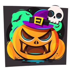 spooky masked man comes out of a pumpkin on halloween night. editable layers