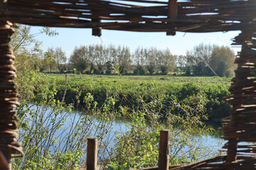 A view through the woven willow screen over the River Parrett in Langport in Somerset, UK