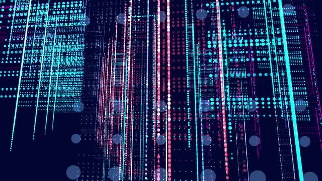 Lines form hologram information blocks. Vj loop abstract sci-fi bg glow particles form lines, colomns structure. Hi-tech info technology., ai construction light grid, info concept nodes. Red blue