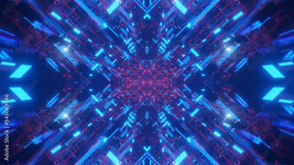 Poster glow sci fi symmetrical construction. vj loop trendy neon tunnel. hi tech neon tunel. sci-fi flight 