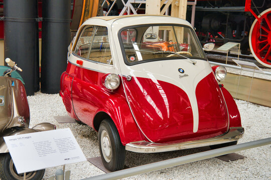 SPEYER, GERMANY - OCTOBER 2022: red white BMW Isetta 300 Cabriolet 1958 in the Technikmuseum Speyer