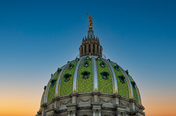Detail of the tiling and statue on the dome of the Pennsylvania State Capitol building in...