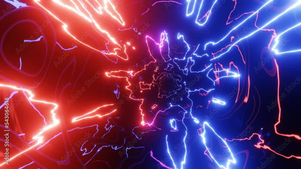 Poster hi-tech neon sci-fi tunel. trendy neon glow lines form pattern and construction in mirror tunnel. ne