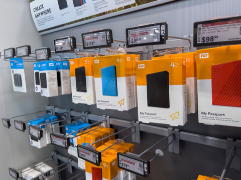 Seattle, WA USA - circa September 2022: Close up, selective focus on portable storage devices for sale inside Best Buy