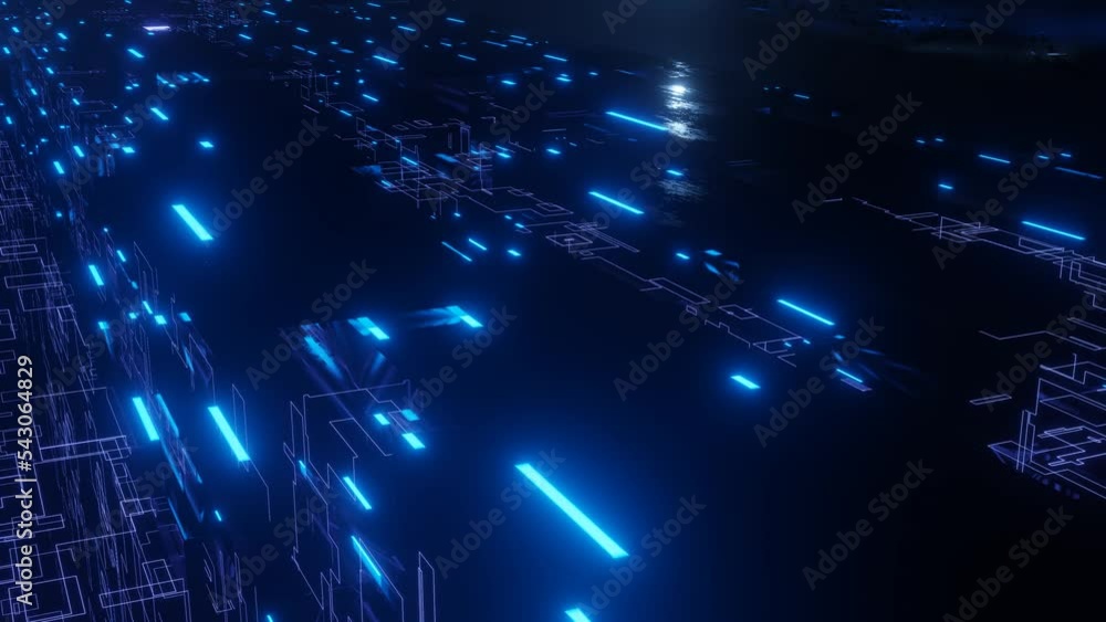 Aufkleber fly through technology cyberspace with neon glow. sci-fi flight through hi-tech technology tunnel. g
