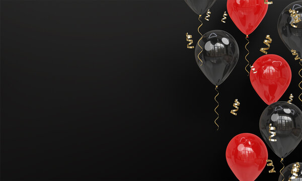 Black Background with Realistic Black and Red Balloons Celebration 3D Render