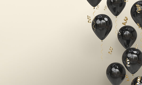 Light Background with Realistic Black Balloons Celebration 3D Render