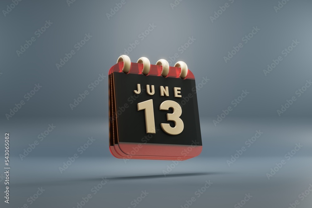 Poster Standing black and red month lined desk calendar with date June 13. Modern design with golden elements, 3d rendering illustration. Blue gray background..