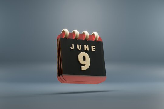 Standing black and red month lined desk calendar with date June 9. Modern design with golden elements, 3d rendering illustration. Blue gray background..