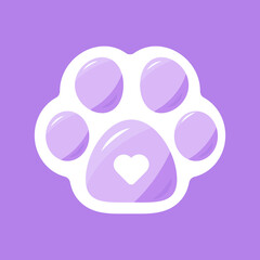 Vector Cute cat paw logo icon for pet shop, zoo, print, children, textile, grooming salon. Animal paw with heart purple color trendy and cute. 