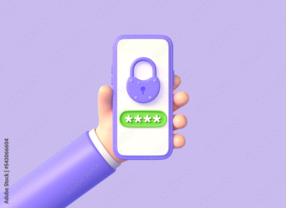 Poster cartoon character holding a smartphone with a lock and a password on a white background. internet se
